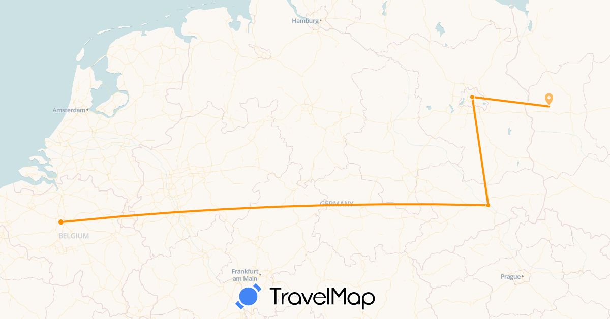 TravelMap itinerary: driving, hitchhiking in Belgium, Germany, Poland (Europe)